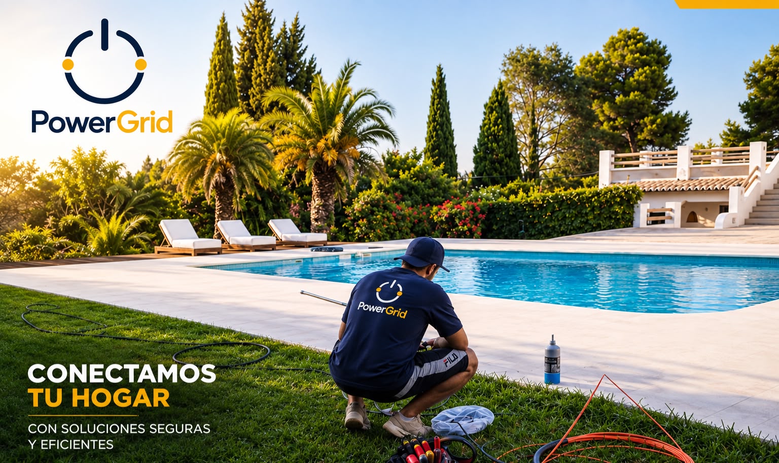 Técnico de Power Grid realizando un trabajo eléctrico junto a una piscina
